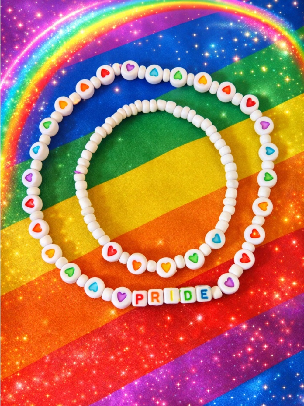 Pride Rainbow Beaded Bracelet & Necklace Set | Colorful Heart Charm Jewelry 8”
